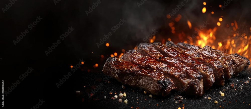 Leinwandbilder the grilled beef set against a dark background. with copy space image. place for adding text or desi