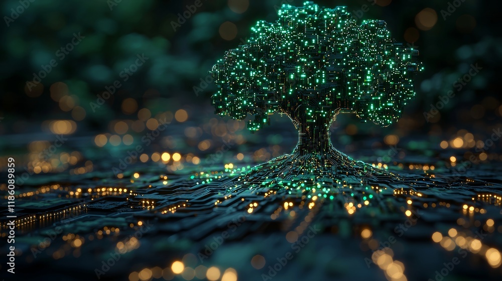 Poster a tranquil 3d animation of a circuit tree bathed in a gentle green light presents a unique blend of 