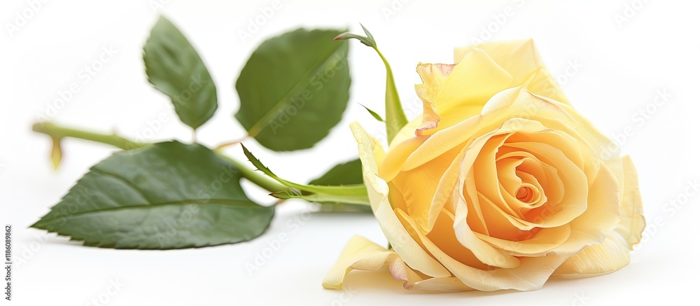 Fototapete a delicate yellow rose set against a white background. with copy space image. place for adding text 