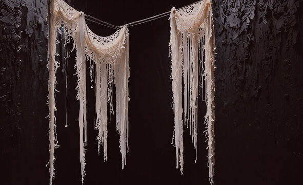 Pair of white strings hanging from the ceiling. The strings are frayed and tangled. The strings are hanging from a black background - Powered by Adobe