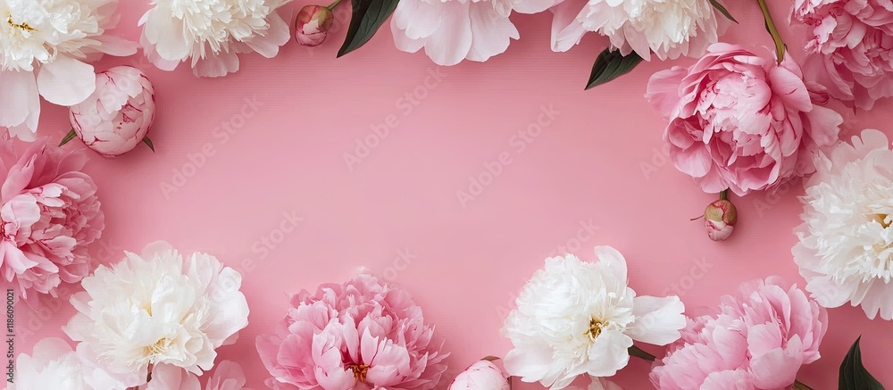 Leinwandbilder Pink and white peonies set against a pink background Pink peonies Retro backdrop featuring flowers with space for text below Top view. with copy space image. Place for adding text or design