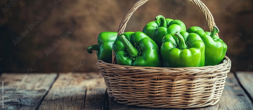 Poster green peppers in a wicker basket on a wooden surface vintage style. with copy space image. place for