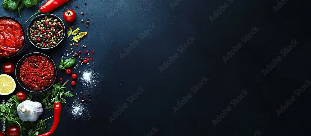 Poster black background with cooking ingredients from a top view. with copy space image. place for adding t