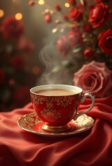Fototapeta premium A steaming cup of tea in a delicate, ornate porcelain cup and saucer rests on a rich red fabric, with a bouquet of red roses adding a touch of elegance