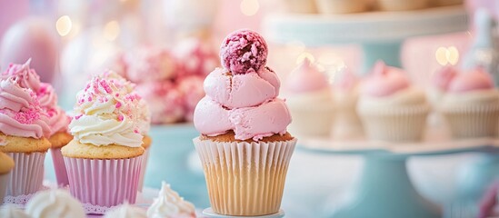 Desserts ice cream and cupcakes on a lovely backdrop. with copy space image. Place for adding text or design