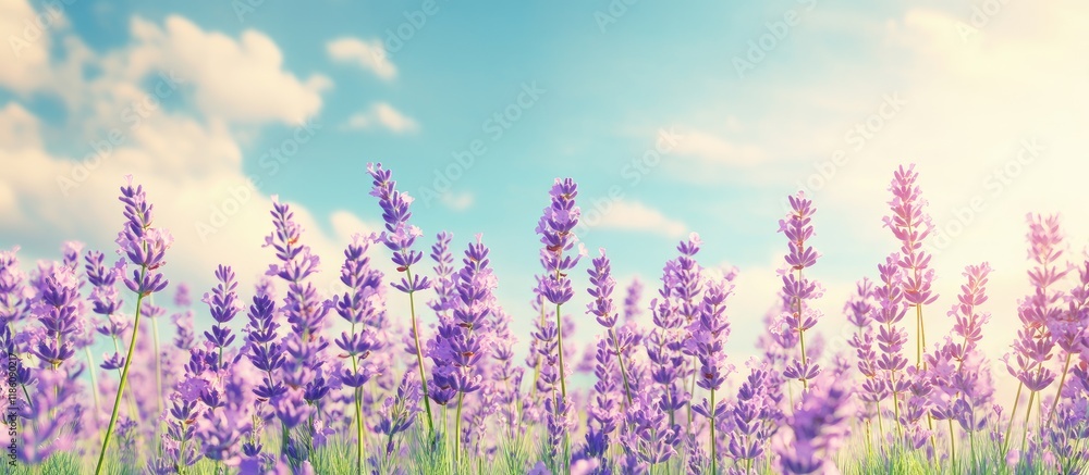 Poster a picture of blooming lavender flowers in a field under a blue sky featuring a space for text select