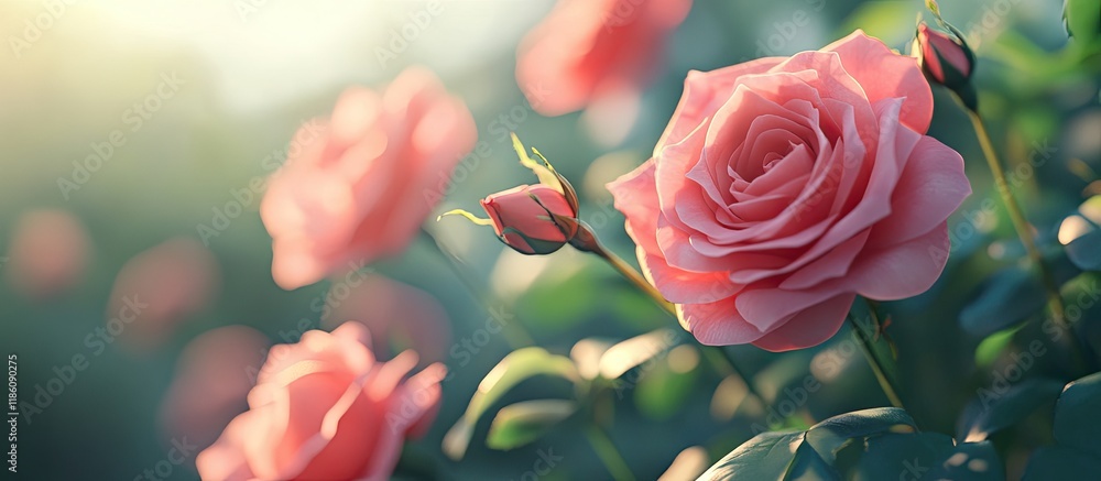 Poster pink roses in the garden. with copy space image. place for adding text or design