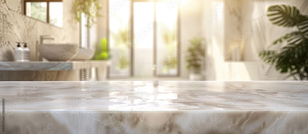 Fototapete empty marble tabletop with a blurred bathroom interior backdrop for product display montage. with co