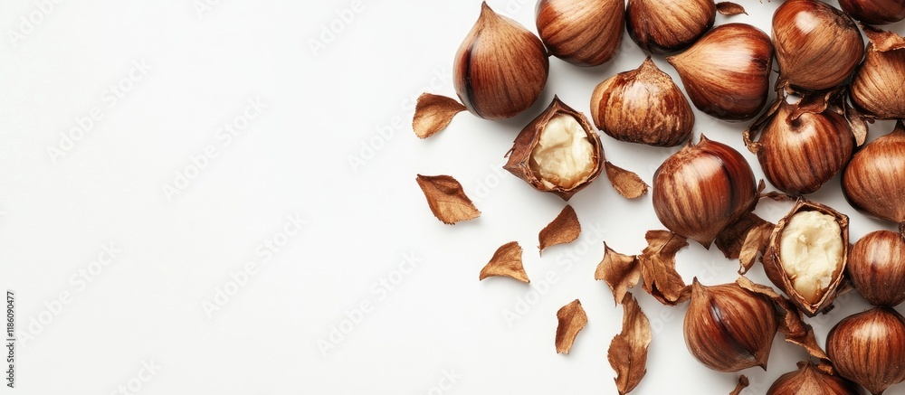 Poster cracked shell chestnuts in autumn set against a white background with room for text. with copy space