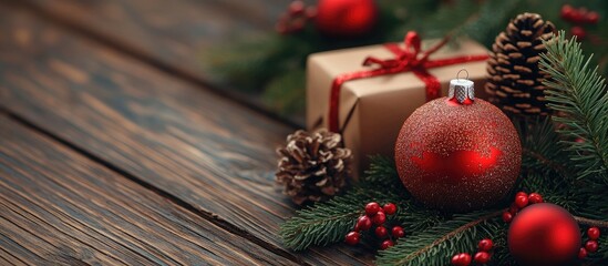 Red Christmas ornament and gift box Wooden backdrop Copy space Christmas greeting card