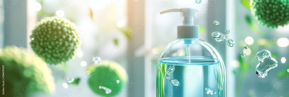 Poster droplets of sanitizer actively eliminating bacteria in a bright environment filled with greenery. ge