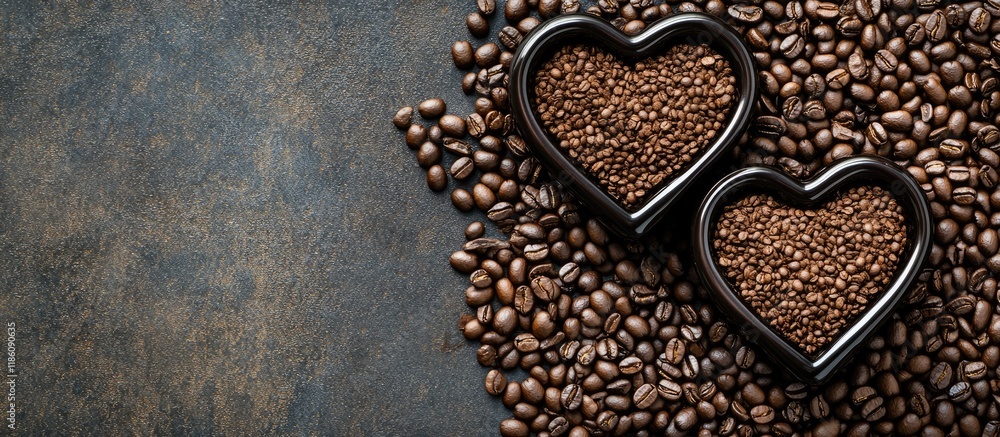 Aufkleber Two heart shapes filled with coffee cups on a surface covered in coffee beans. with copy space image. Place for adding text or design