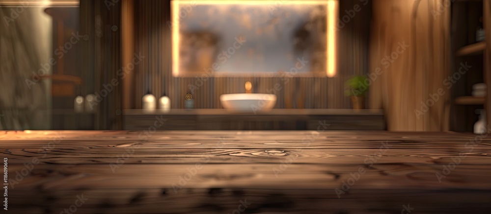 Poster Tabletop and blurred bathroom in the background. with copy space image. Place for adding text or design