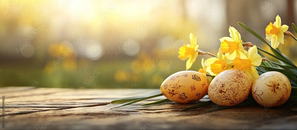 Aufkleber easter eggs on a wooden table with yellow daffodils banner sized image featuring copy space