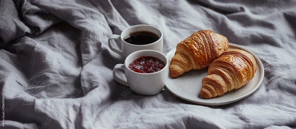 Poster breakfast on grey bed linens two cups of coffee and croissants with jam good morning surprise idea s