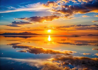 Obraz premium Ladyfinger Campground's minimalist Great Salt Lake reflection mirrors Antelope Island's fiery sunset.