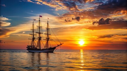 Obraz premium Sailing ship on the Baltic Sea with the sun setting behind it, landscape, sunset, landscape, sunset, horizon, water