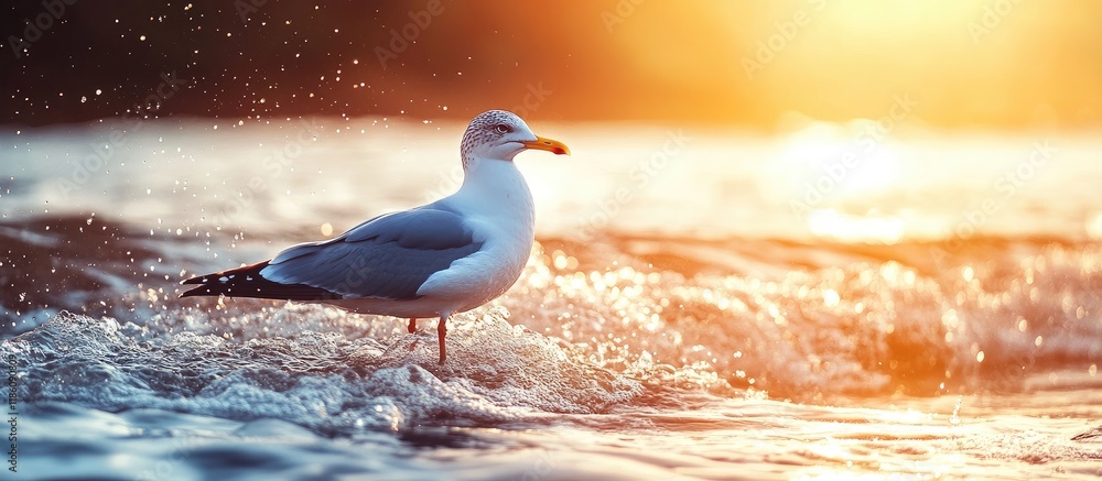 Poster Backlit seagull standing in the water with waves and splashes around its feet. with copy space image. Place for adding text or design