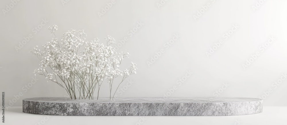 Aufkleber mock up display shelf featuring a gray stone pedestal scene with gypsophila flower on a white backgr