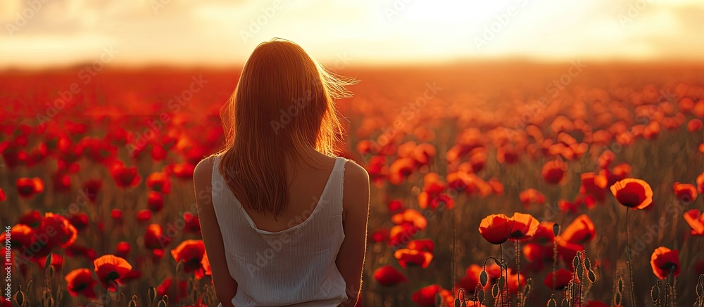 Leinwandbilder a woman experiencing a poppy field. with copy space image. place for adding text or design