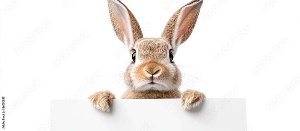 Poster lop eared easter bunny holds a sales symbol above a white banner isolated on a white background. wit