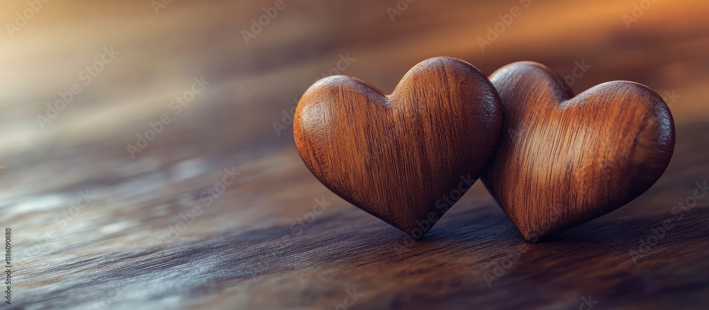 Poster two wooden hearts representing love valentine s day. with copy space image. place for adding text or