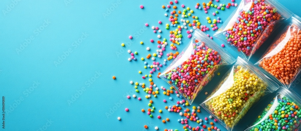 Leinwandbilder colorful sugar sprinkles packaged on a blue background top view of dessert toppings. with copy space