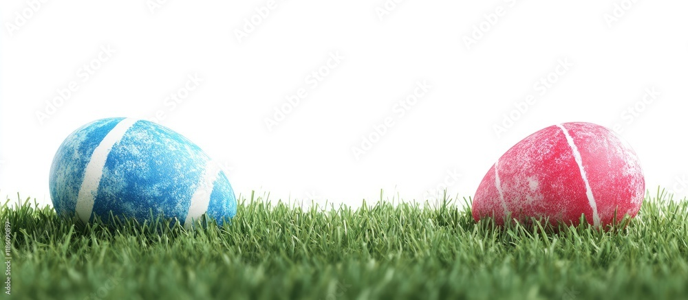Leinwandbilder blue and red easter eggs on artificial green lawn grass with a blank white background. with copy spa