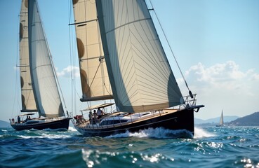 Two sailboats race on sunny day at sea. Sailors work on vessels. Scene is classic nautical image with Mediterranean backdrop. Boats are moving fast with big sails, creating waves. Sky is clear.