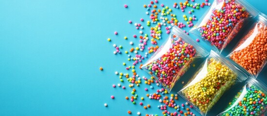 Fototapeta premium Colorful sugar sprinkles packaged on a blue background Top view of dessert toppings. with copy space image. Place for adding text or design