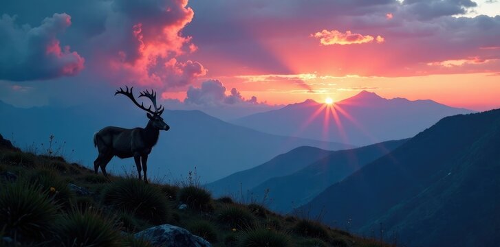 Saola in the mountains at dusk with fading light, clouds, saola