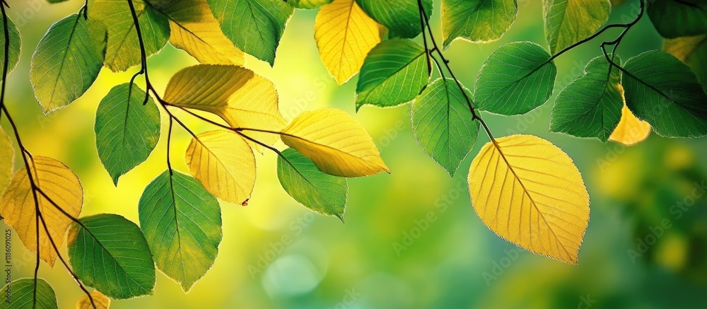 Leinwandbilder green and yellow leaves in the forest. with copy space image. place for adding text or design