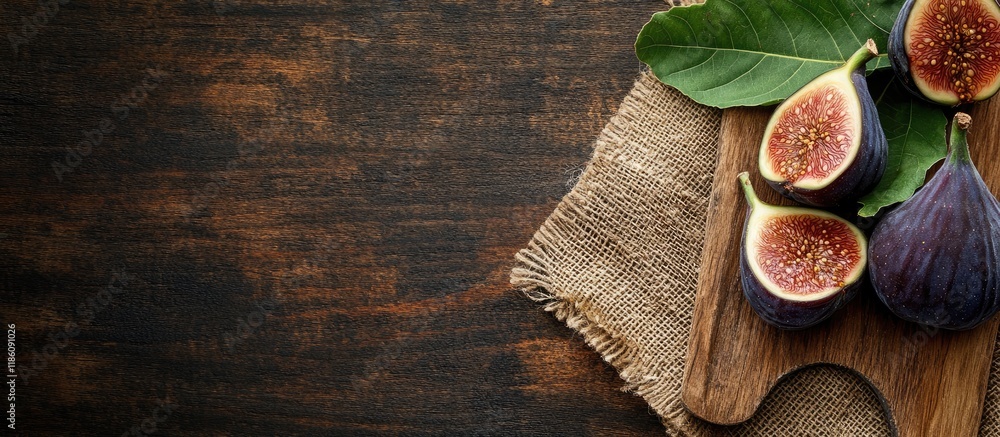 Aufkleber image of figs with a slice and leaves on burlap alongside a wooden board. with copy space image. pla