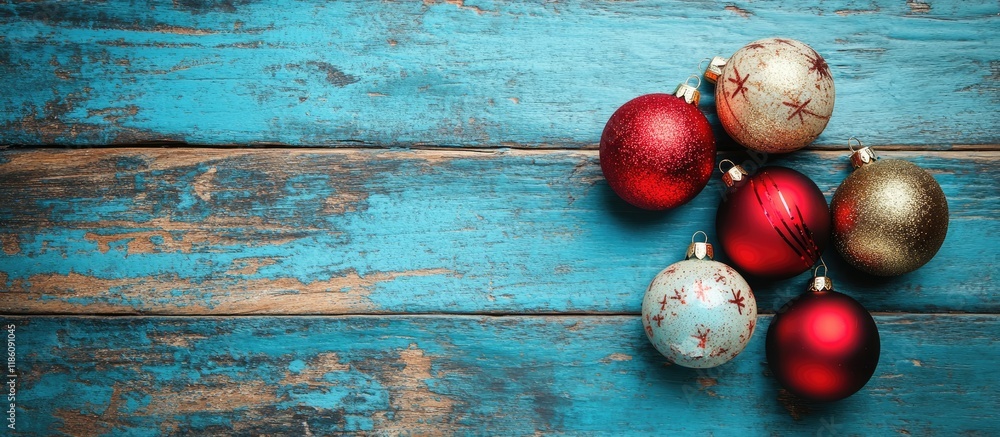 Aufkleber Christmas ornaments on a weathered blue wooden table background. with copy space image. Place for adding text or design