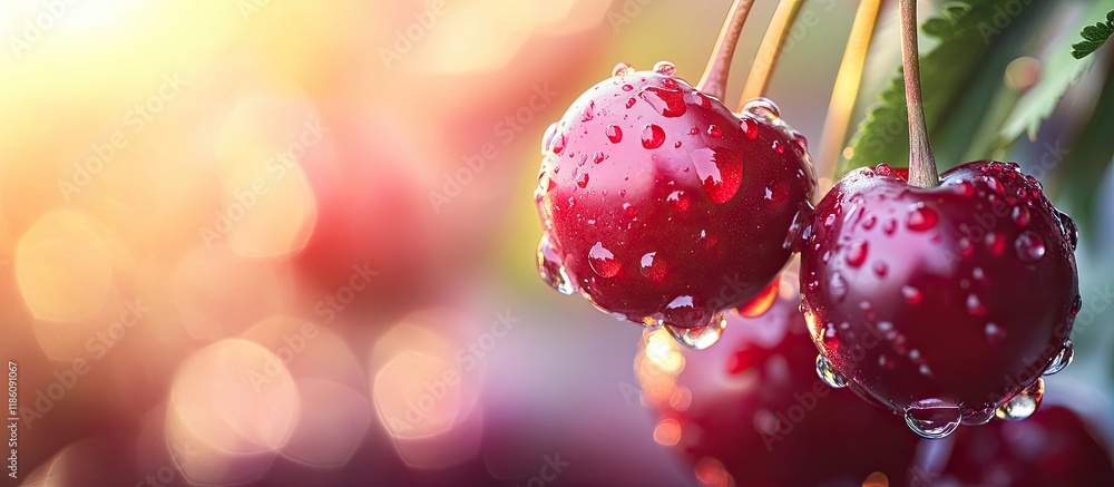 Aufkleber macro red cherries with water or dew drops on ripe juicy fruits sweet summer produce shallow depth o