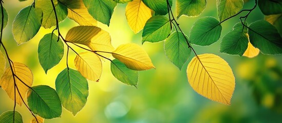 Green and yellow leaves in the forest. with copy space image. Place for adding text or design