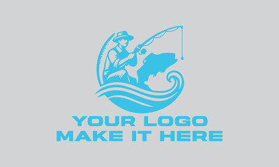 Fisherman catching large leaping light blue fish. Ideal for fishing websites, outdoor magazines, seafood restaurants, and naturethemed designs