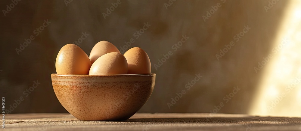 Fototapete BROWN ORGANIC EGGS IN A CERAMIC CONTAINER. with copy space image. Place for adding text or design