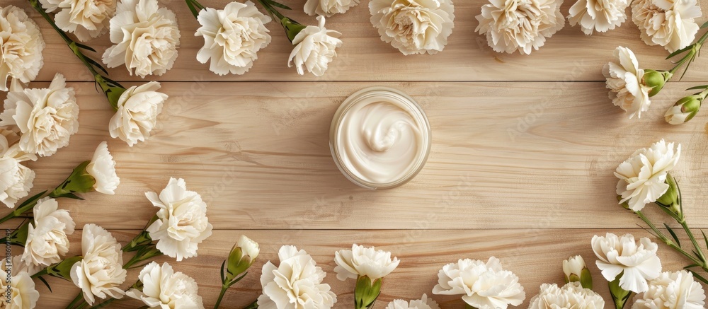 Poster night cream with white carnation flowers on a light wooden table background. with copy space image. 