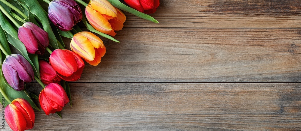 Aufkleber vivid tulips on a wooden table aerial perspective with copy space aerial view selective focus and en