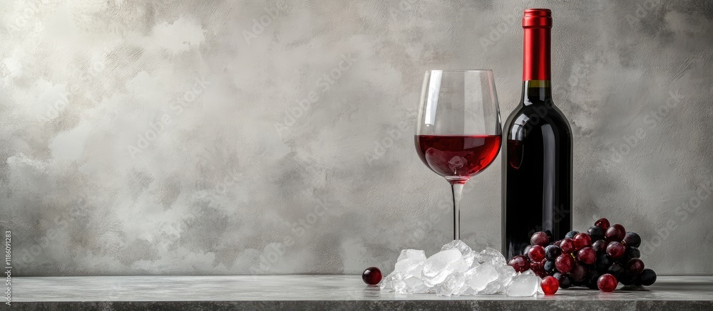 Poster Red wine glass on ice and a bottle on a gray background with copyspace and room for text