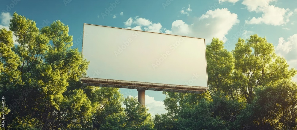 Fototapete Large empty billboard above a treed landscape place your text here. with copy space image. Place for adding text or design