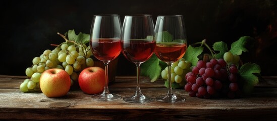 glasses of wine and apples grapes on a weathered wooden table. with copy space image. Place for adding text or design