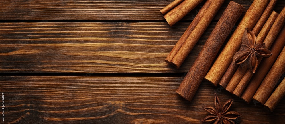 Fototapete arrangement of cinnamon on a wooden background. with copy space image. place for adding text or desi