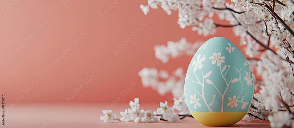 Aufkleber closeup of a colorful painted easter egg in a bright modern egg stand surrounded by white flowering 