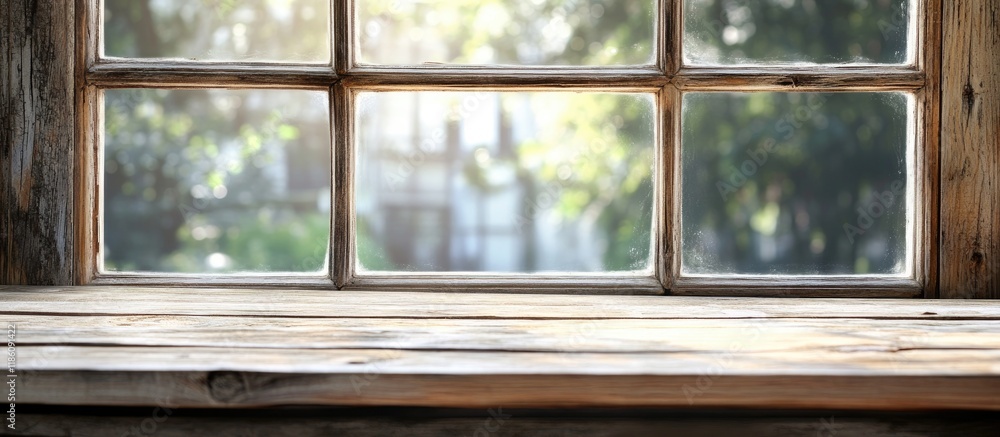 Poster wooden window frame and sill background vintage closed window featuring a blurred glass pane traditi