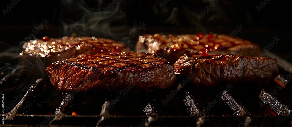 Poster the grilled beef against the dark backdrop. with copy space image. place for adding text or design