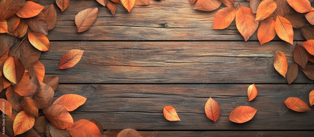 Fototapete autumn leaves on wooden planks background of fall. with copy space image. place for adding text or d