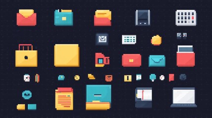Minimalist pixel art icons - folder symbols, save diskettes, primitive emojis arranged on dot-matrix style background. Limited color palette emphasizes authentic 8-bit look.