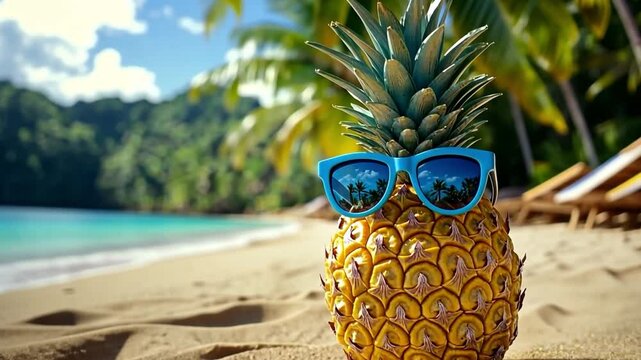 This image features a playful pineapple in blue sunglasses set against a sunny beach backdrop. Ideal for summer projects, fun themes, or tropical illustrations. Generative AI